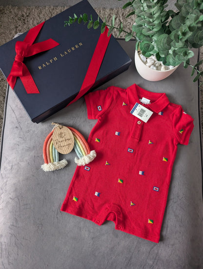 New Ralph Lauren Baby Boy Red Embroidery Flag Romper Gift 3-6m Summer Holidays