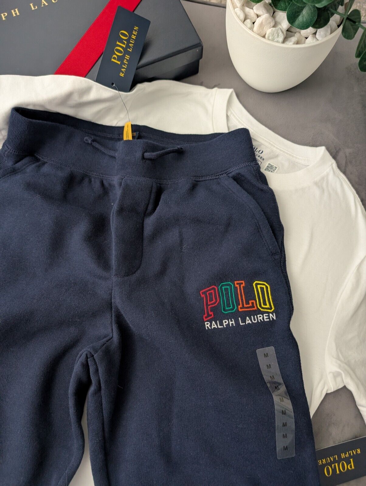 New Ralph Lauren Boys Kids Top + Jogger White Navy Embroided Logo Pony 10yr Gift