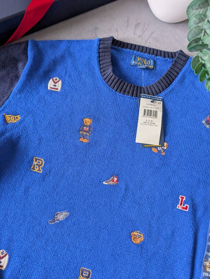 New Polo Ralph Lauren Jumper Boys 16y Blue Bear  Dog Cricket Embroidered Gift