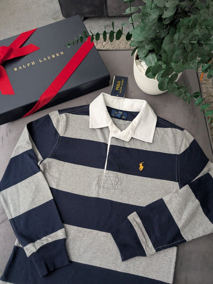 New Ralph Lauren Boys Rugby Style Stripe Long Sleeve Polo Grey Navy  8y Boys