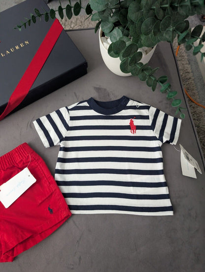 New adorable Ralph Lauren boys Stripe t Shirt + Red short set 3m gift Pony Logo