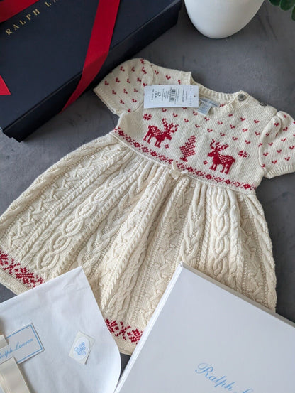 New stunning girls Ralph Lauren Christmas cable knit dress + gift box 9-12m Gift