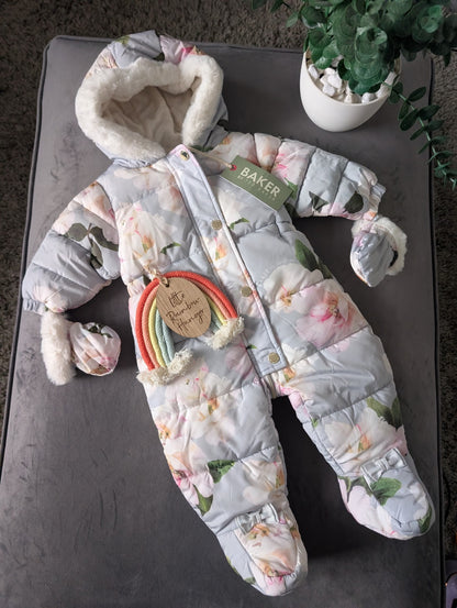 new Baby Girls Ted Baker Fluffy Pink Snowsuit 3-6 Months Zip Up Mittens Faux Fur