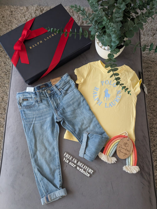 New Ralph Lauren Girls Yellow T Shirt + Blue Denim Boyfriend Jeans Summer 2yrs