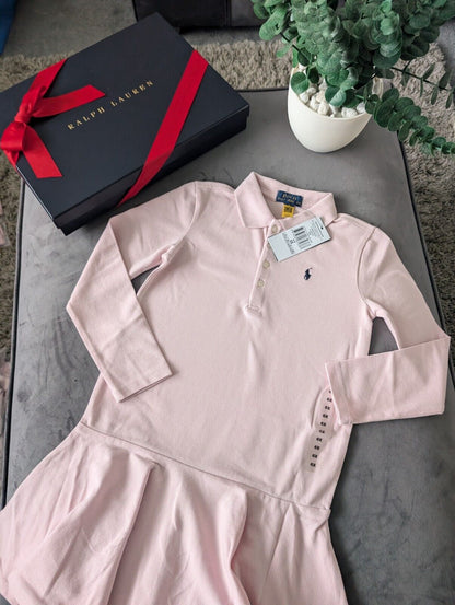 New Ralph Lauren girls soft pink polo dress long sleeve frill age 6-7 occasion gift