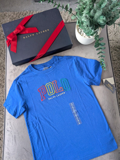 New Ralph Lauren Boys Blue Smart Pony T Shirt Age 8 Casual Embroided Rainbow