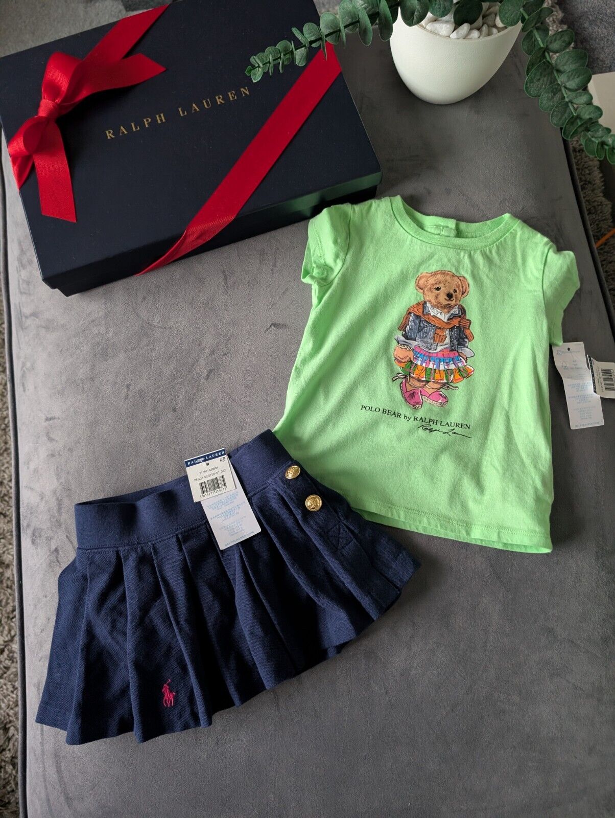 New Ralph Lauren Girls Green Bear T Shirt And Navy Skort Pleated Outfit 12m Gift