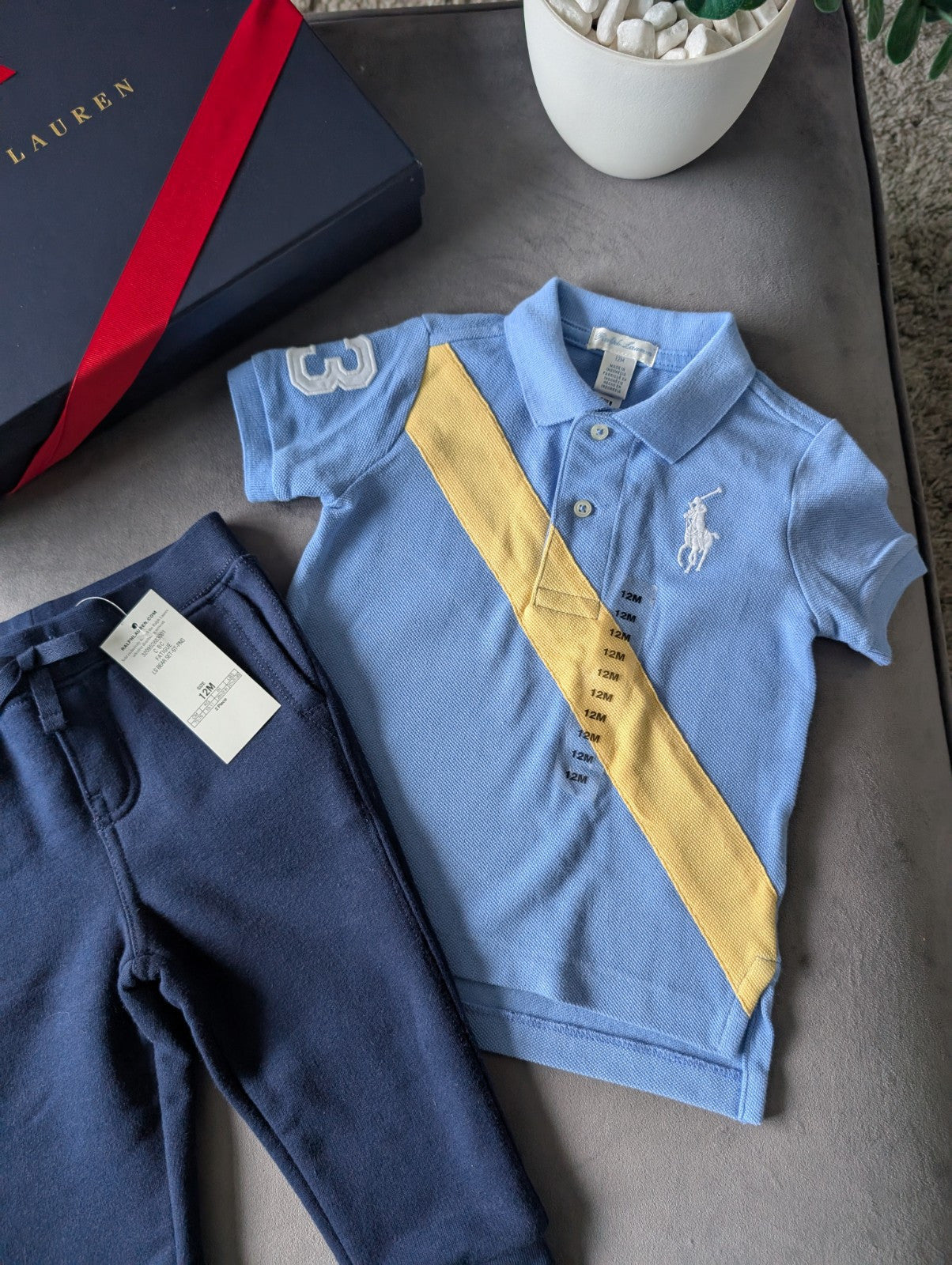 New Ralph Lauren baby boys Navy Blue Polo Jogger Set Tracksuit 12m Smart Casual