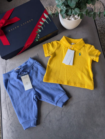 New adorable Ralph Lauren boys Yellow Polo Shirt + blue Jogger set 0-3m Cute