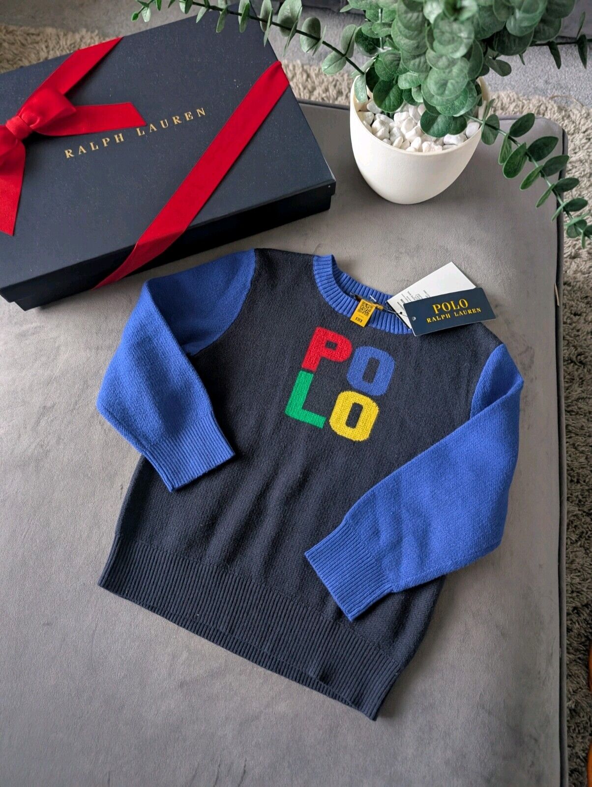 New Ralph Lauren Boys Colour Block Fine Knit Jumper Polo Logo Blue Gift 2-3y