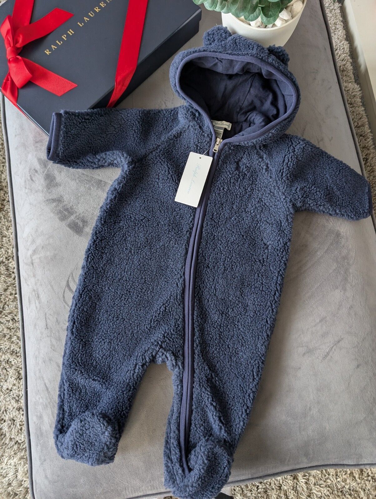 New Ralph Lauren baby boys faux shearling bear all in one snowsuit baby gift 3-6