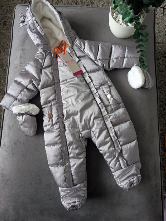 Ted Baker Silver Padded Ruffle Trim Snowsuit & Mittens Set Age 3-6mths BNWT