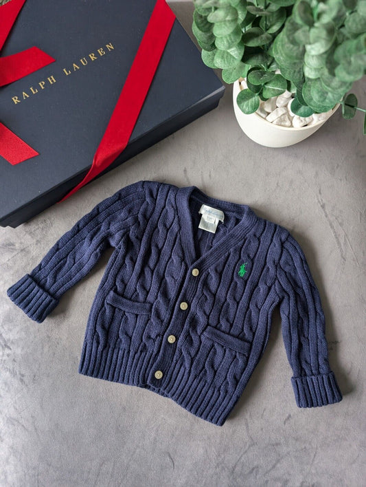 Bnwot Ralph Lauren Boys Navy Blue Baby Cotton Cable Knitted Cardigan 3-6 M Gift