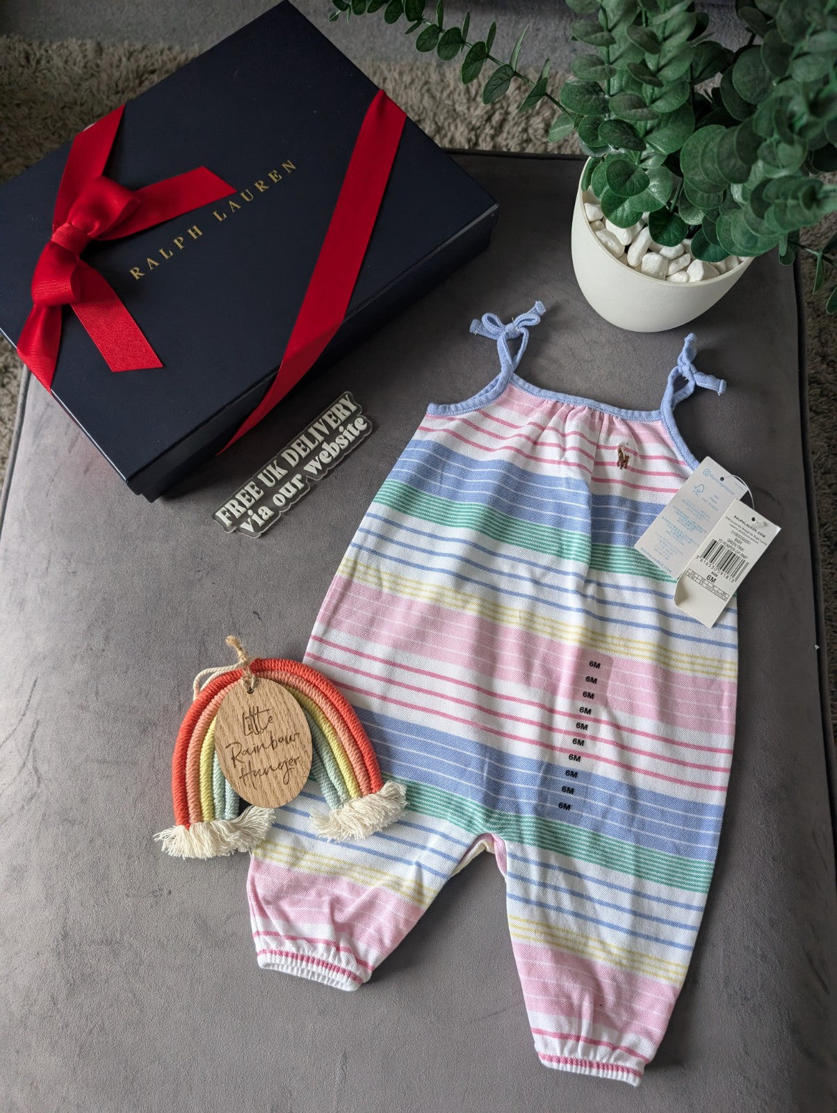 New Ralph Lauren Bubble Shortall Pink Stripe Summer Multi Romper One-Piece 3-6m