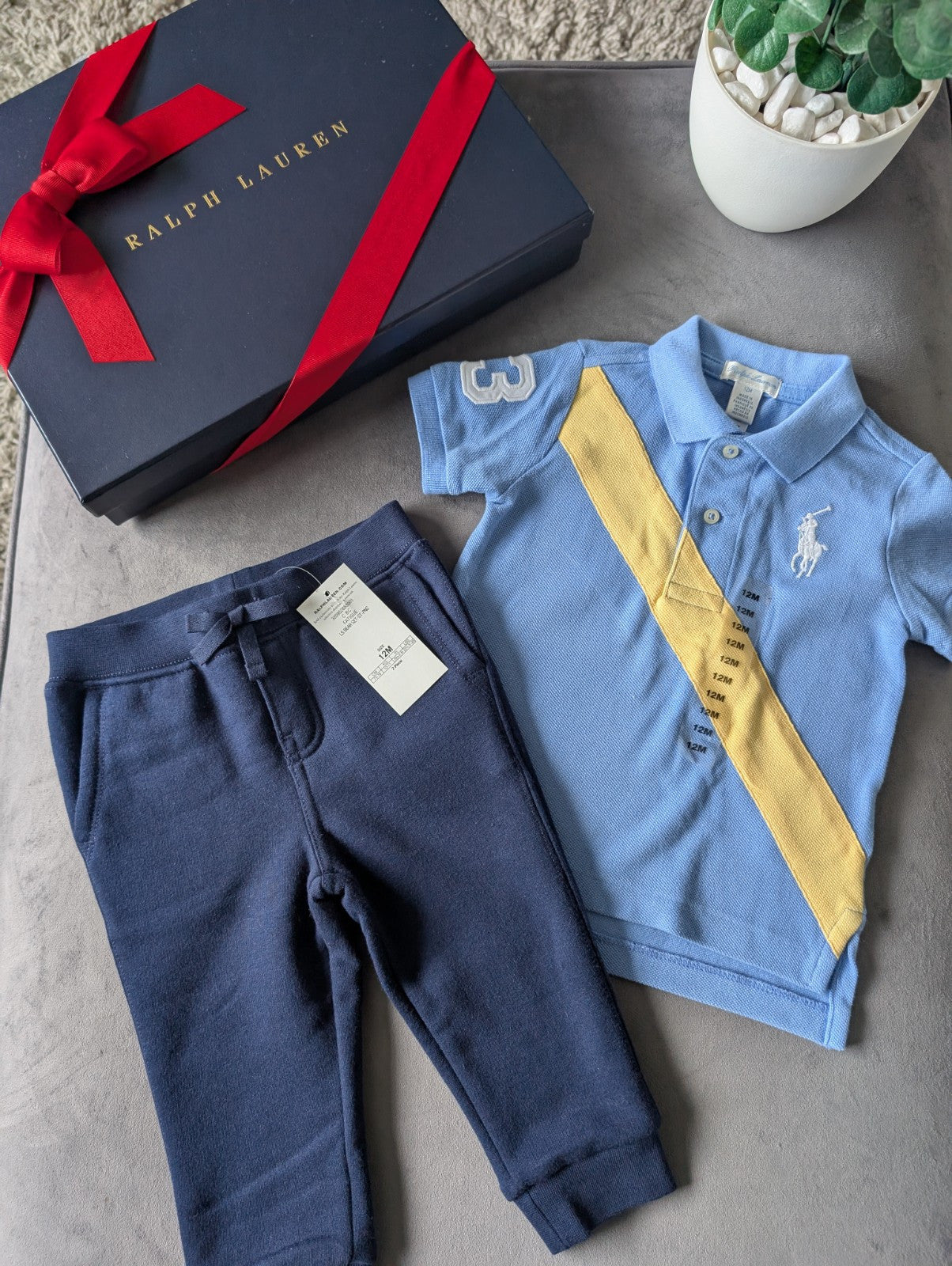 New Ralph Lauren baby boys Navy Blue Polo Jogger Set Tracksuit 12m Smart Casual