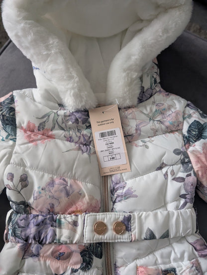 NEW Gorgeous Faux Fur Lined Soft Floral Pink Roses Lipsy Snowsuit/pramsuit 3-6m