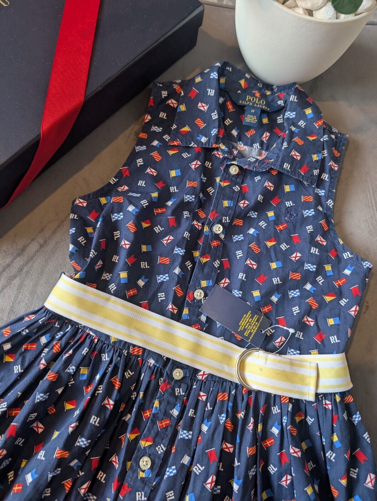 New Girls Polo Ralph Lauren Blue Sleeveless Flags Worldwide Dress Belted 6-7yrs