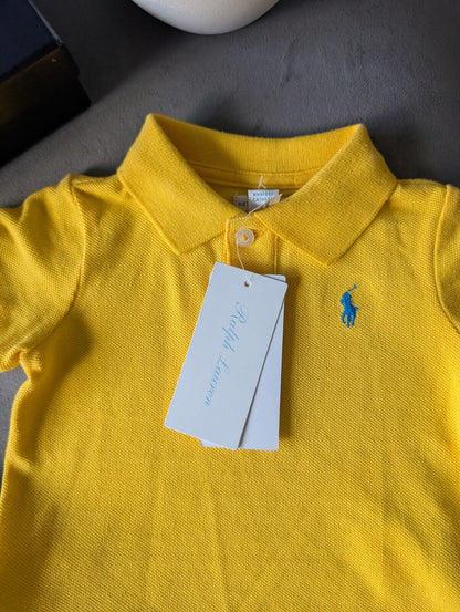 New adorable Ralph Lauren boys Yellow Polo Shirt + blue Jogger set 0-3m Cute