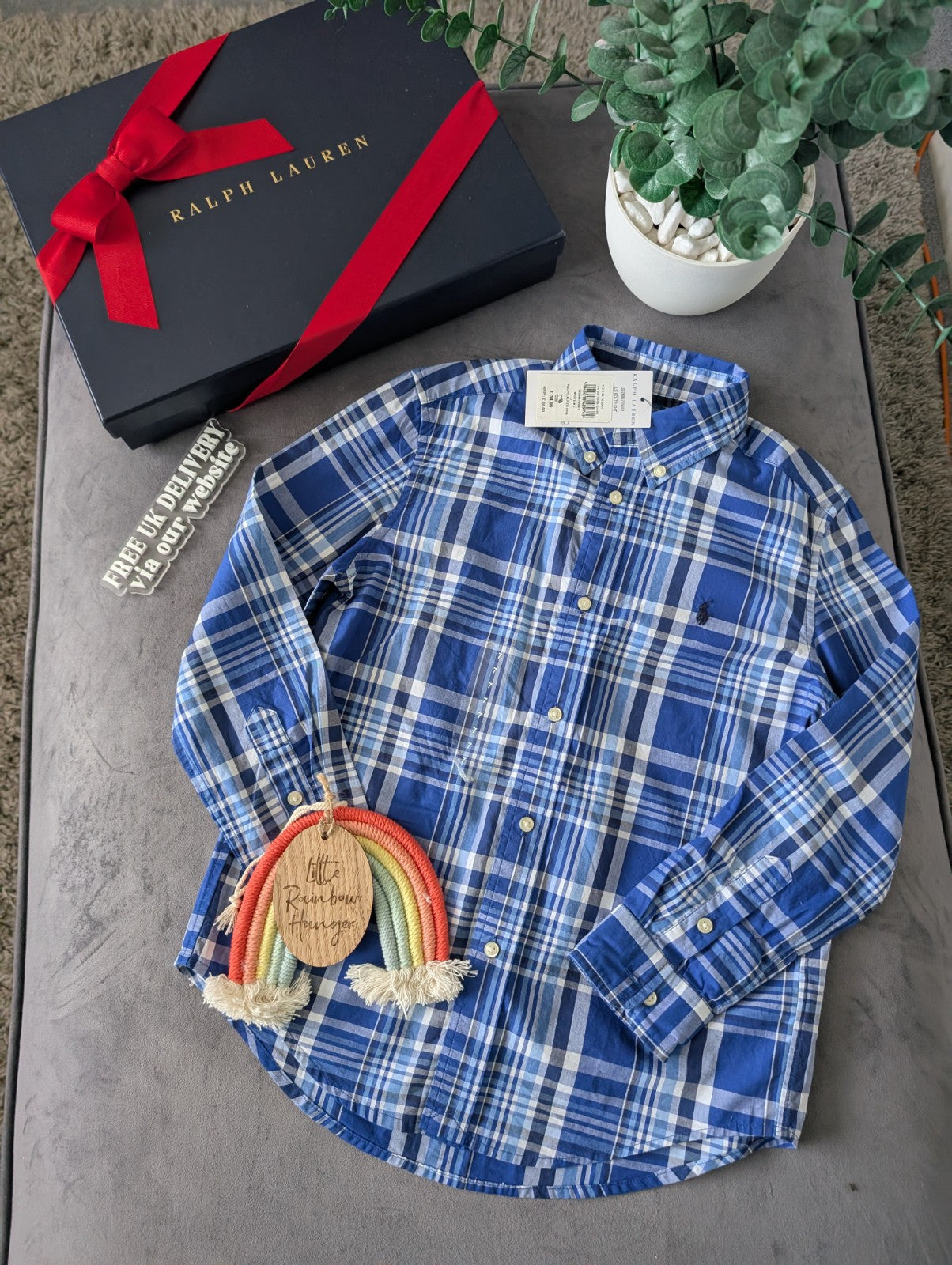 New Ralph Lauren Blue White Check Boys Shirt Smart Occasion Age 7 Yrs Gift