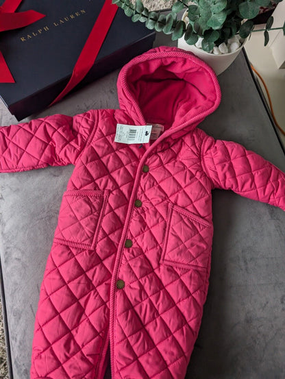 New ralph lauren Pink Quilted fleece lined pram suit snowsuit 0-3 Gift Girls