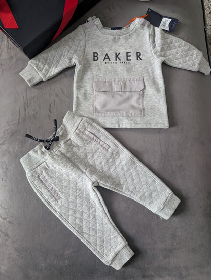 BNWT Ted Baker Boy Grey Blue Logo Tracksuit Jogger Set Outfit 3-6m Quilted Gift