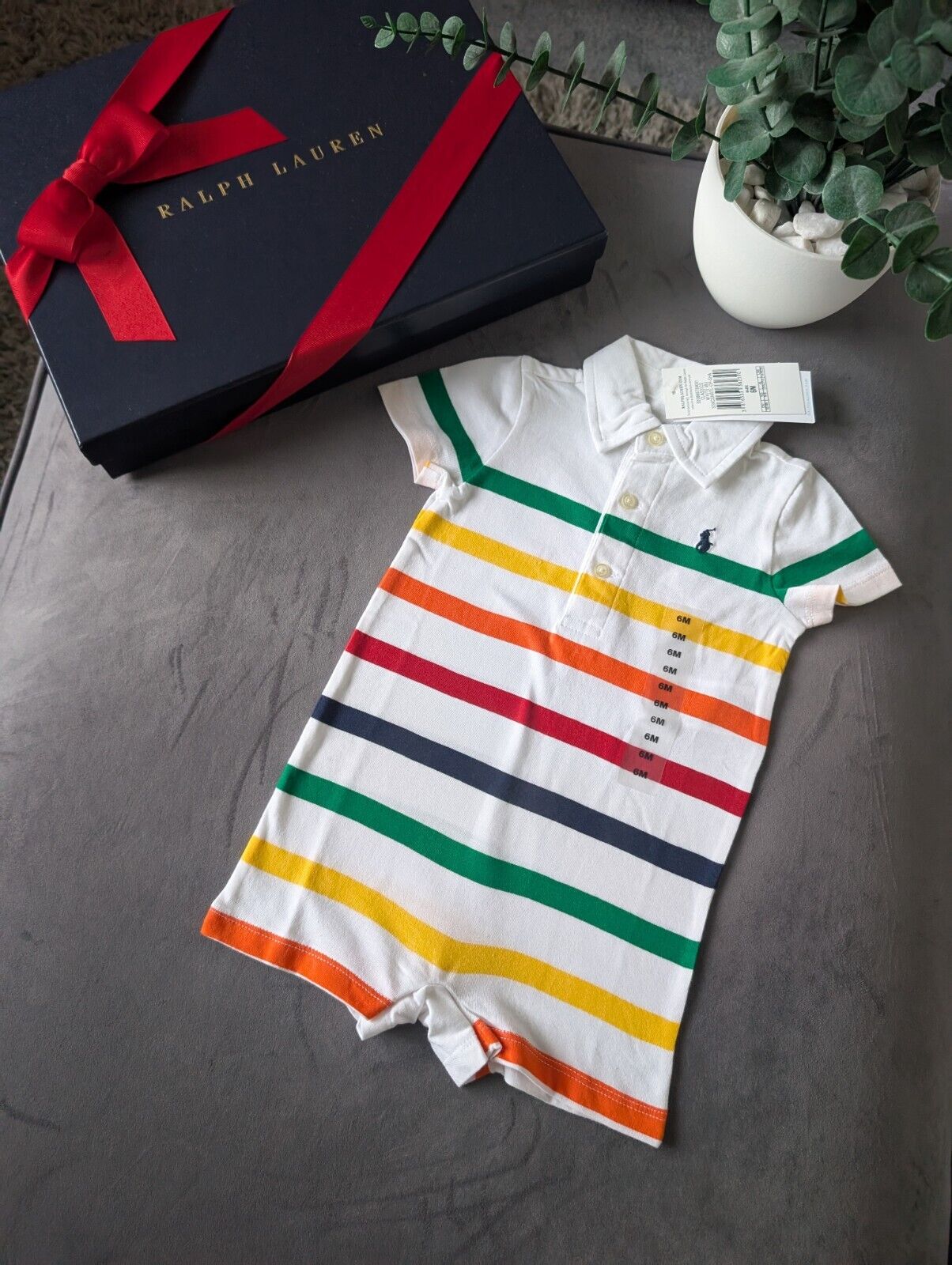 New Ralph Lauren Baby Boy Multi White Stripe Romper 6m Gift Cute Baby Summer