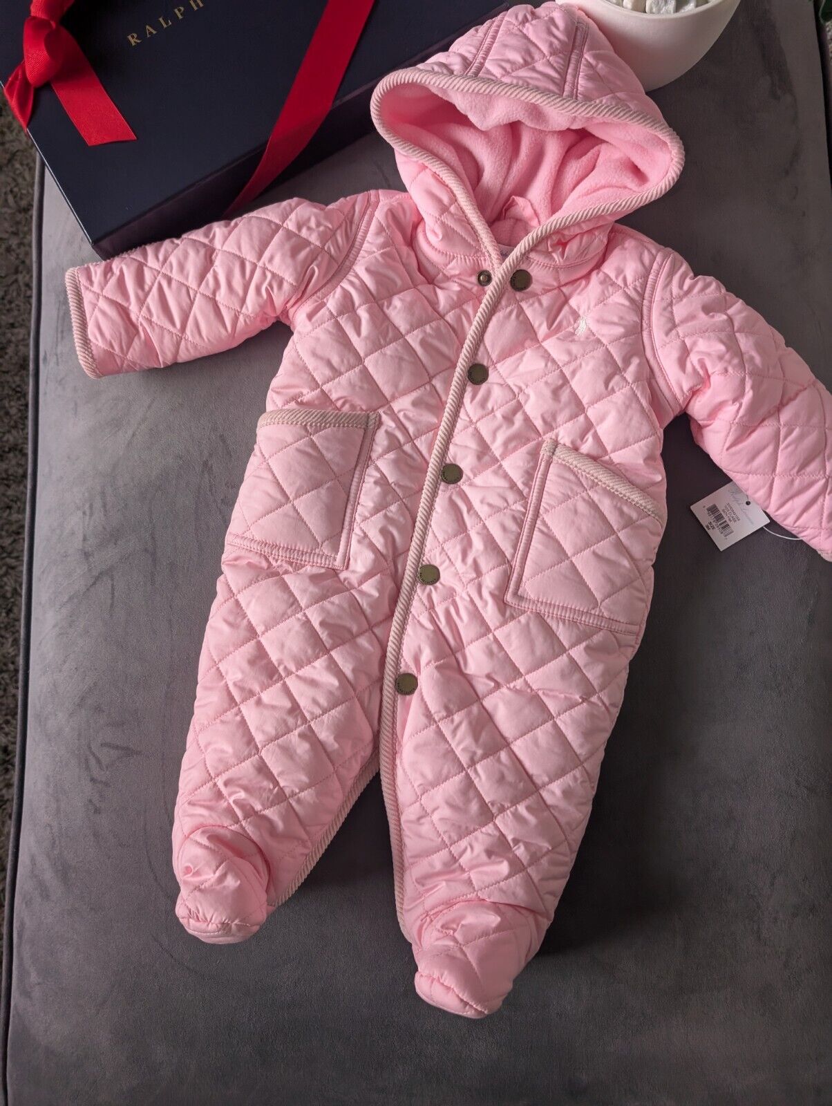 New ralph lauren Baby Pink quilted fleece lined pram suit snowsuit 0-3m Gift