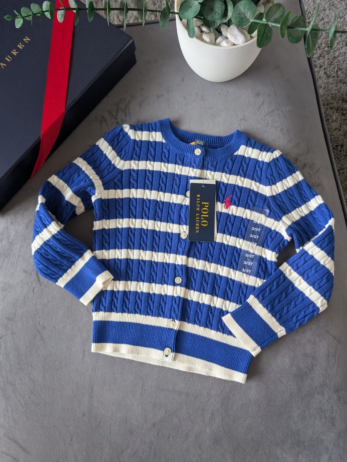 New Ralph Lauren Girls Knitted Cardigan 3 Years BNWT Blue Navy White Stripe Gift