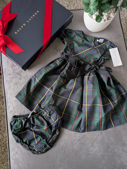 New Ralph Lauren Girls Tartan Plaid Pretty Green Vincenza Dress Gift 12m