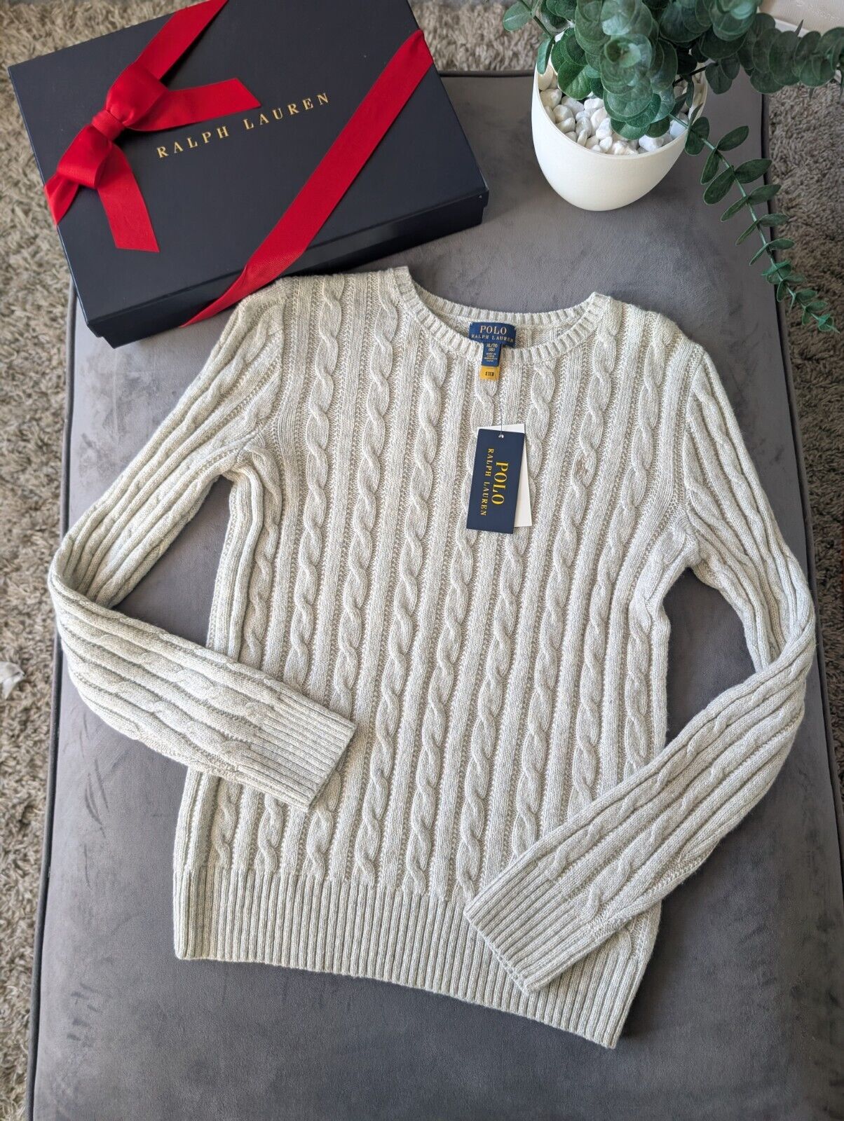 New Polo by Ralph Lauren Cable Knit Jumper Ivory Girls 16y Glitter Sparkle New