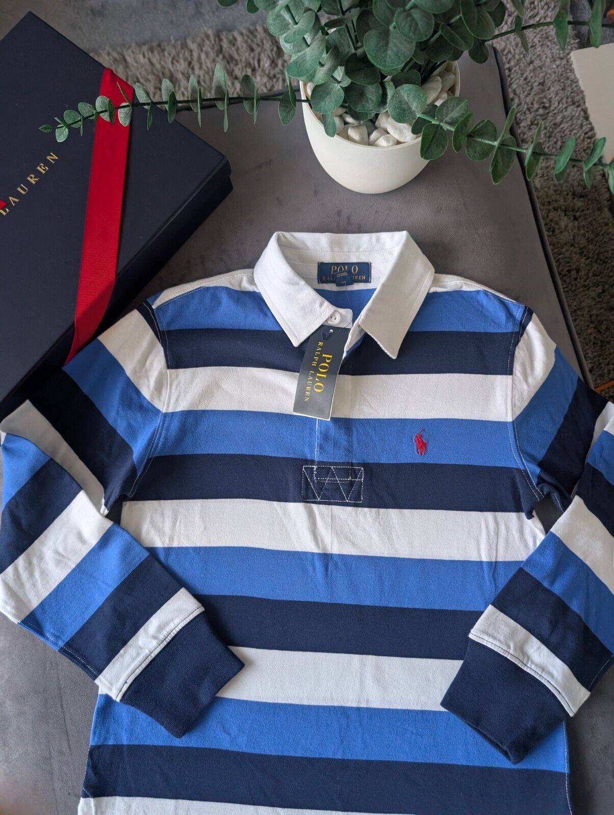 New Ralph Lauren Boys Rugby Style Stripe Long Sleeve Polo Blue White  8y Boys