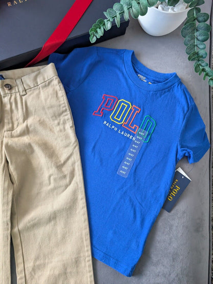 New Boys Ralph Lauren Blue Multi T Shirt & Chino Beige 4yrs Smart Cute Smart