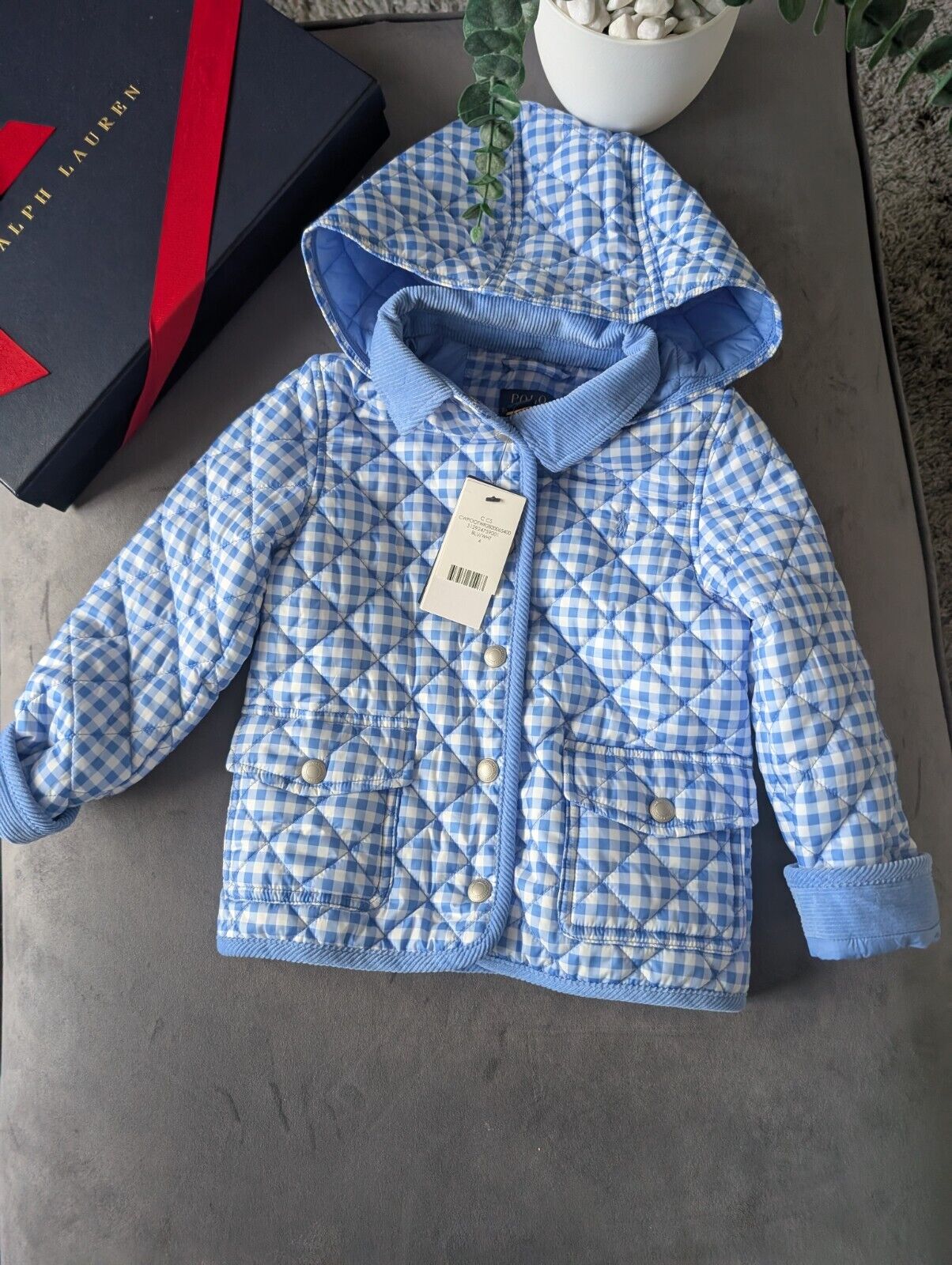 New Ralph Lauren Boys Gingham Coat Navy Blue Quilted Barn Jacket Age 4 RRP £159