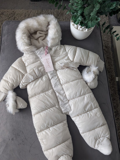 Ted Baker Silver Padded Ruffle Trim Snowsuit & Mittens Set Age 3-6mths BNWT £54