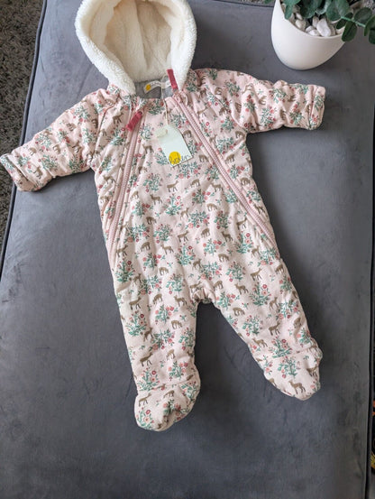 New Boden Baby Girls Snowsuit Sherpa Lined All In One pink Deer 0-3m Gift Cute