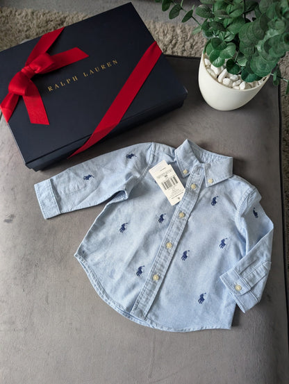 New Ralph Lauren Baby Boy Blue Embroidery Pony Shirt Smart Baby 6-9m Occasion