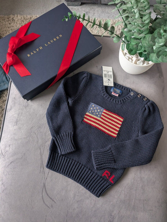 New Polo Ralph Lauren Navy Blue American flag jumper age UK 4yr USA Boys Gift