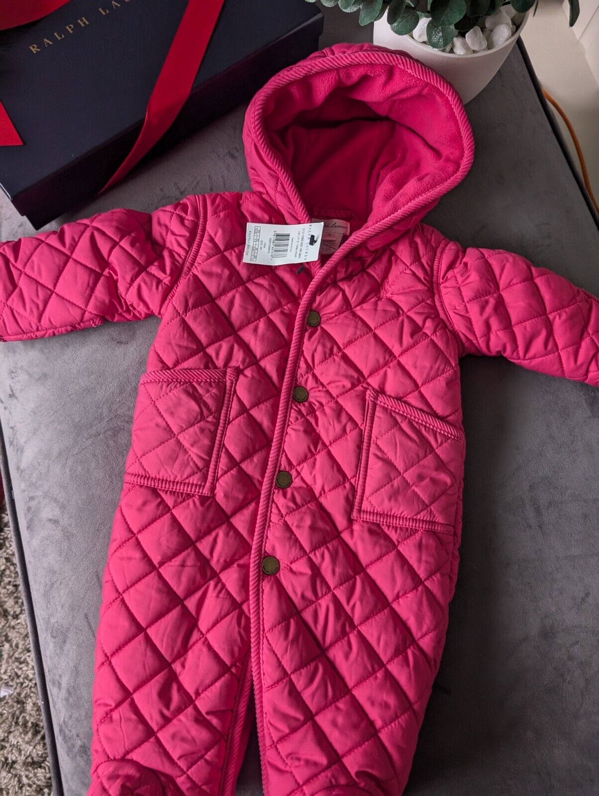 New ralph lauren Pink Quilted fleece lined pram suit snowsuit 0-3 Gift Girls