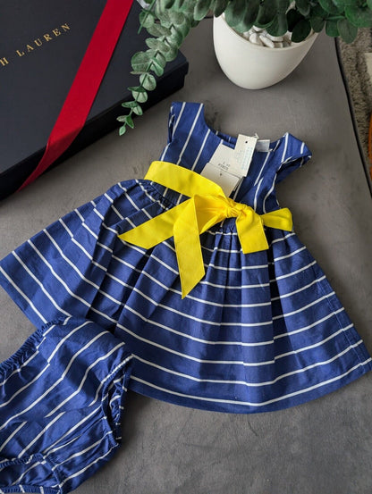 New Ralph Lauren Baby Girls Navy Polka Dot Spotty Dress 3-6m Stripe Gift Cute