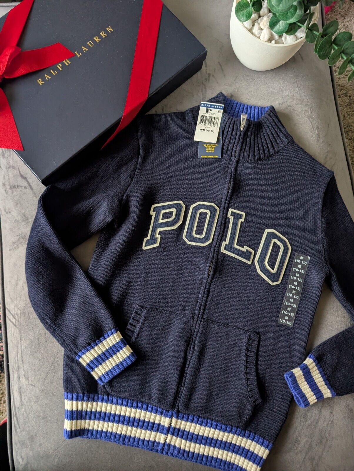 New Boys Ralph Lauren Navy Polo Logo Full Zip Jacket Knit Chunky 10-12yrs