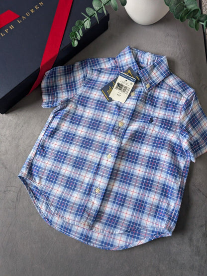 New Ralph Lauren Baby Boy Checked Shirt Smart Occasion Gift Age 18m Blue Short S