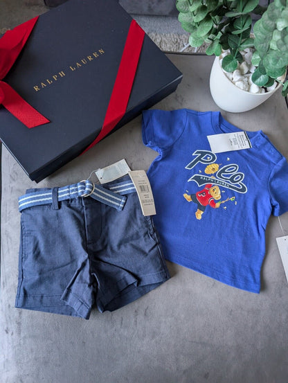 New adorable Ralph Lauren boys Bear Bee t Shirt + navy blue short set 6-9m gift