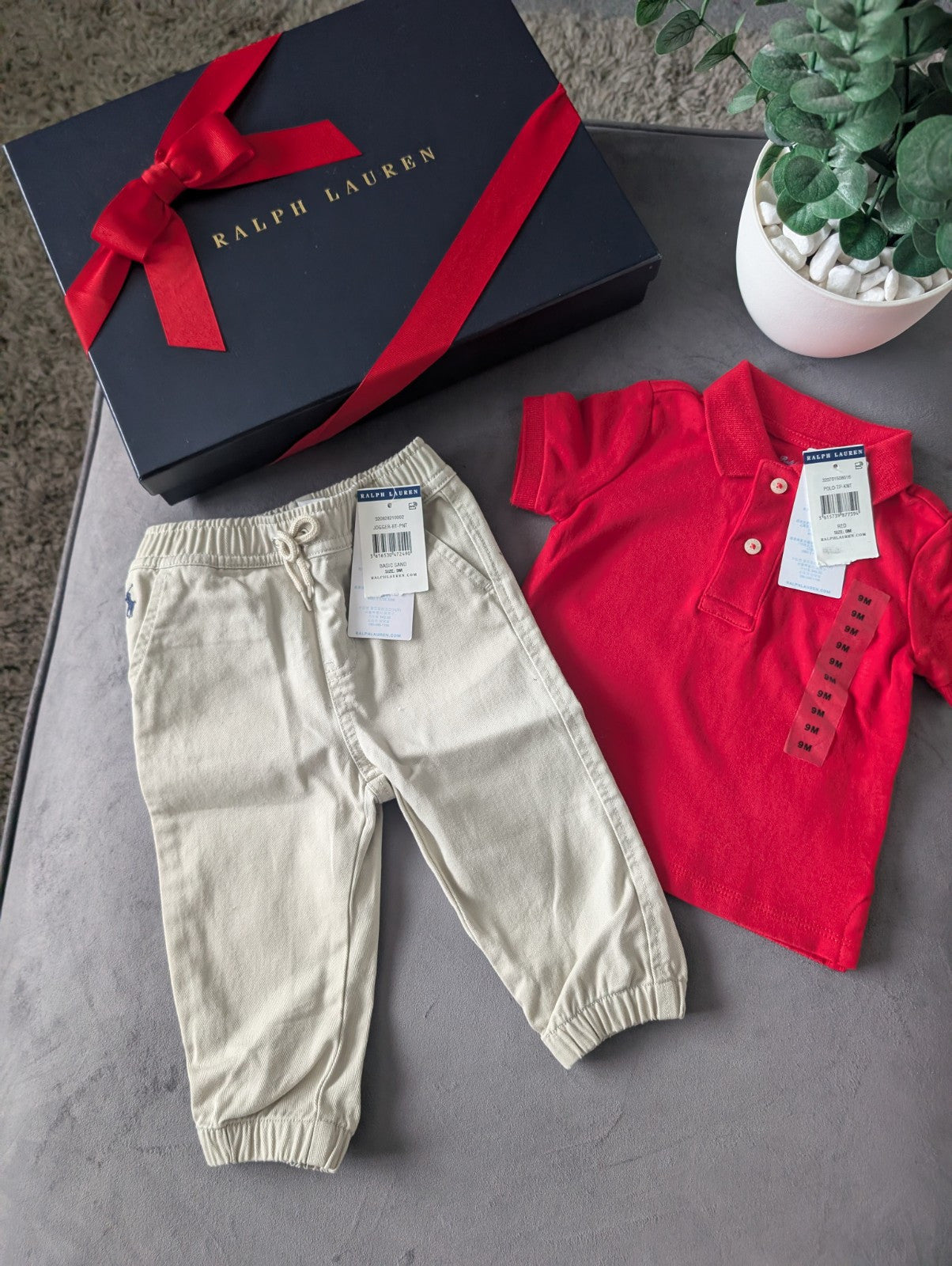 New adorable Ralph Lauren boys Polo Shirt Red  + Chino Trousers Age 6-9m Gift