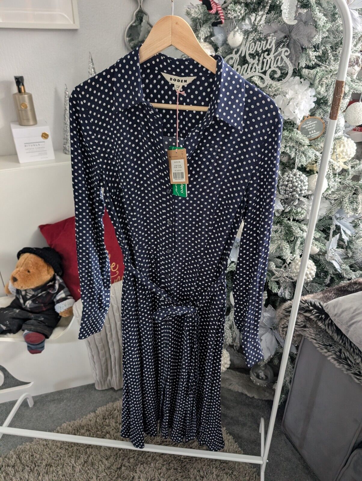 New Boden Katie Midi Shirt Dress Belted Navy Polka Dot Spotty UK 12R occasion £72