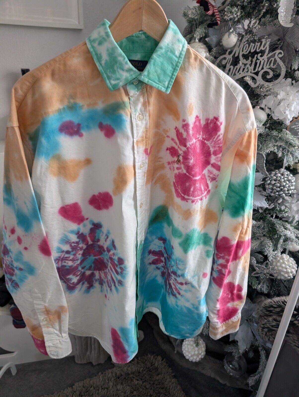 Bnwot Stunning Women’s Ralph Lauren Tie Dye Shirt Multi Rainbow Long Sleeve UK14