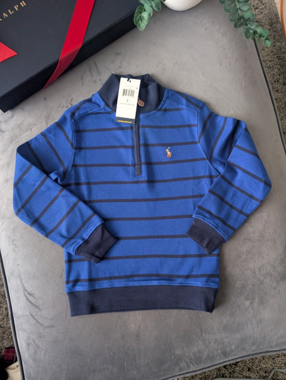 New Ralph Lauren Boys Navy  3/4 Zip Knit Blue Stripe Top Top Jumper Age 5y