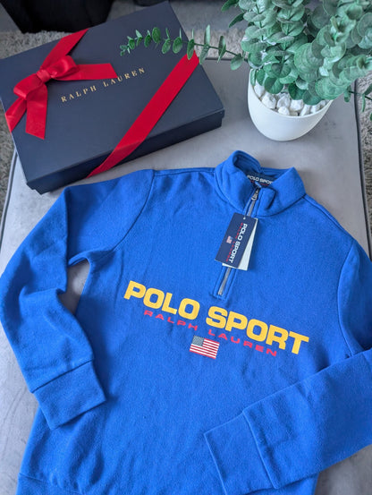 New Ralph Lauren Boys Tracksuit Top Blue 1/4 Zip Polo Sport 10-12y Gift Blue