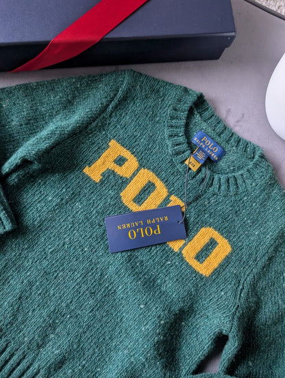 New boys polo Ralph Lauren Green Yellow Wool knit jumper logo polo Gift smart 4y