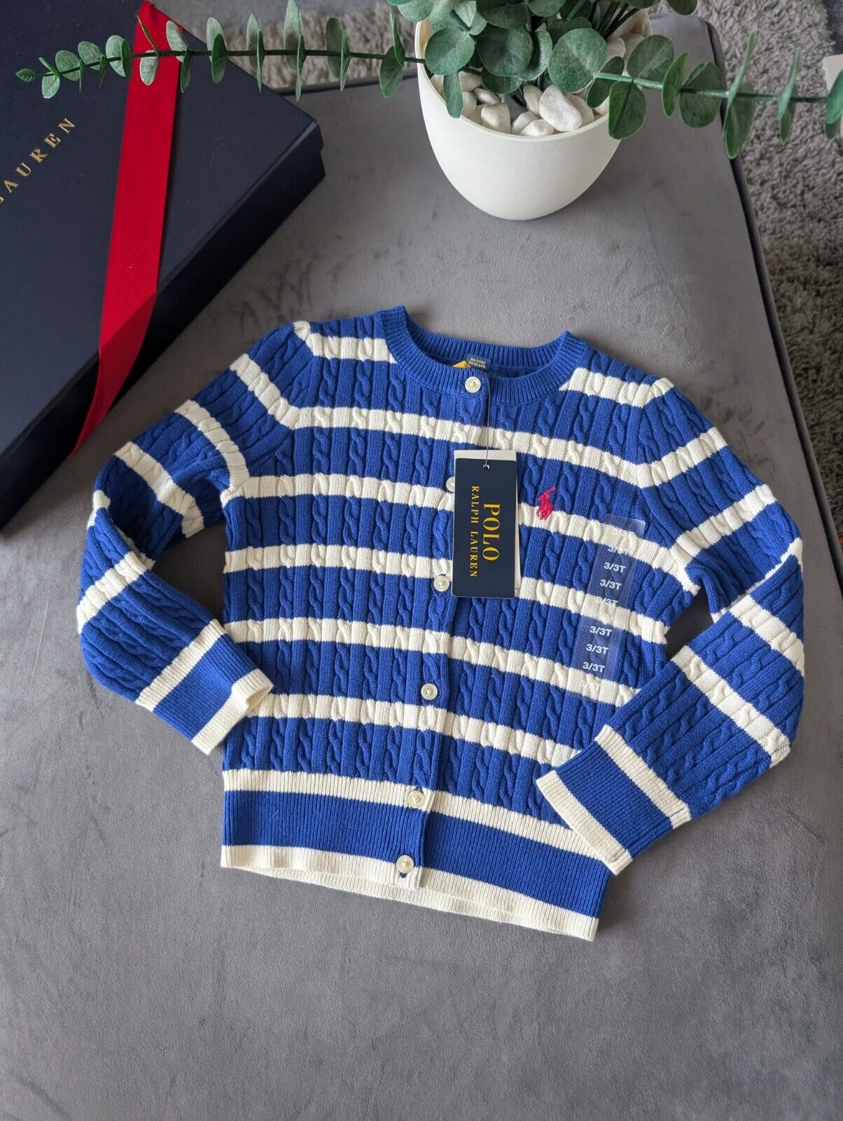 New Ralph Lauren Girls Knitted Cardigan 3 Years BNWT Blue Navy White Stripe Gift