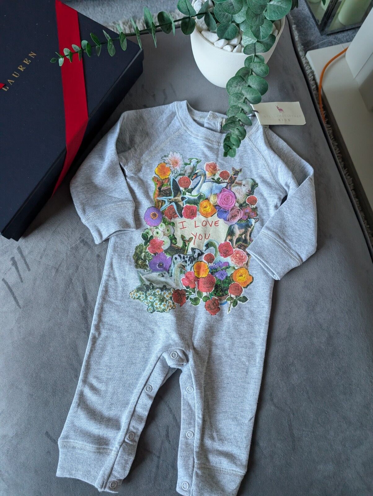 New Stella McCartney I Love You Unisex grey all-in-one fleece babygrow 6m Grey